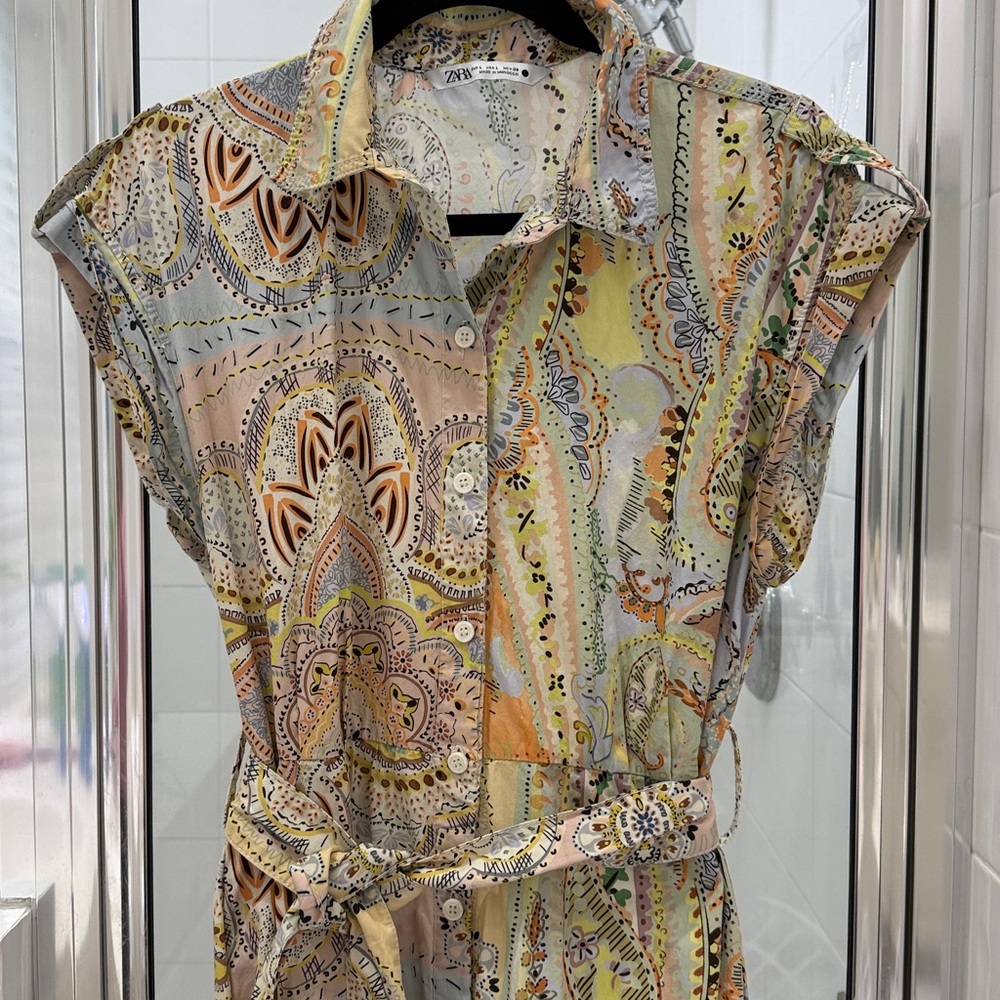 Zara Printed Belted Shirt Paisley sleeveless 100% cotton size large - Picture 7 of 11